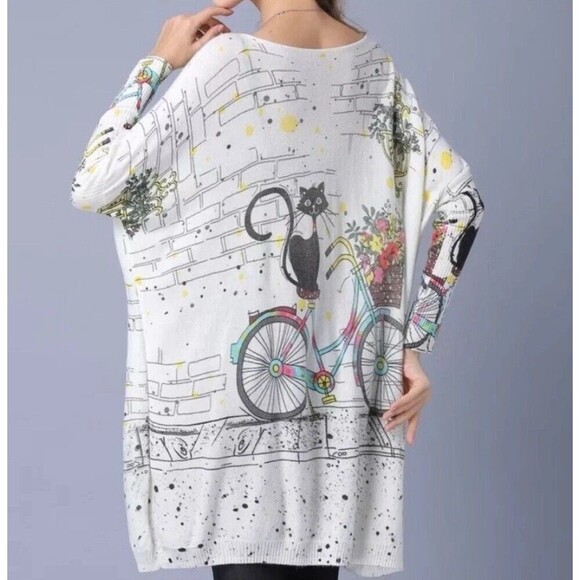 Oversized Wool Blend Tunic Top Women Long Dolman Sleeve Kitten Cat Sweater - Picture 2 of 8